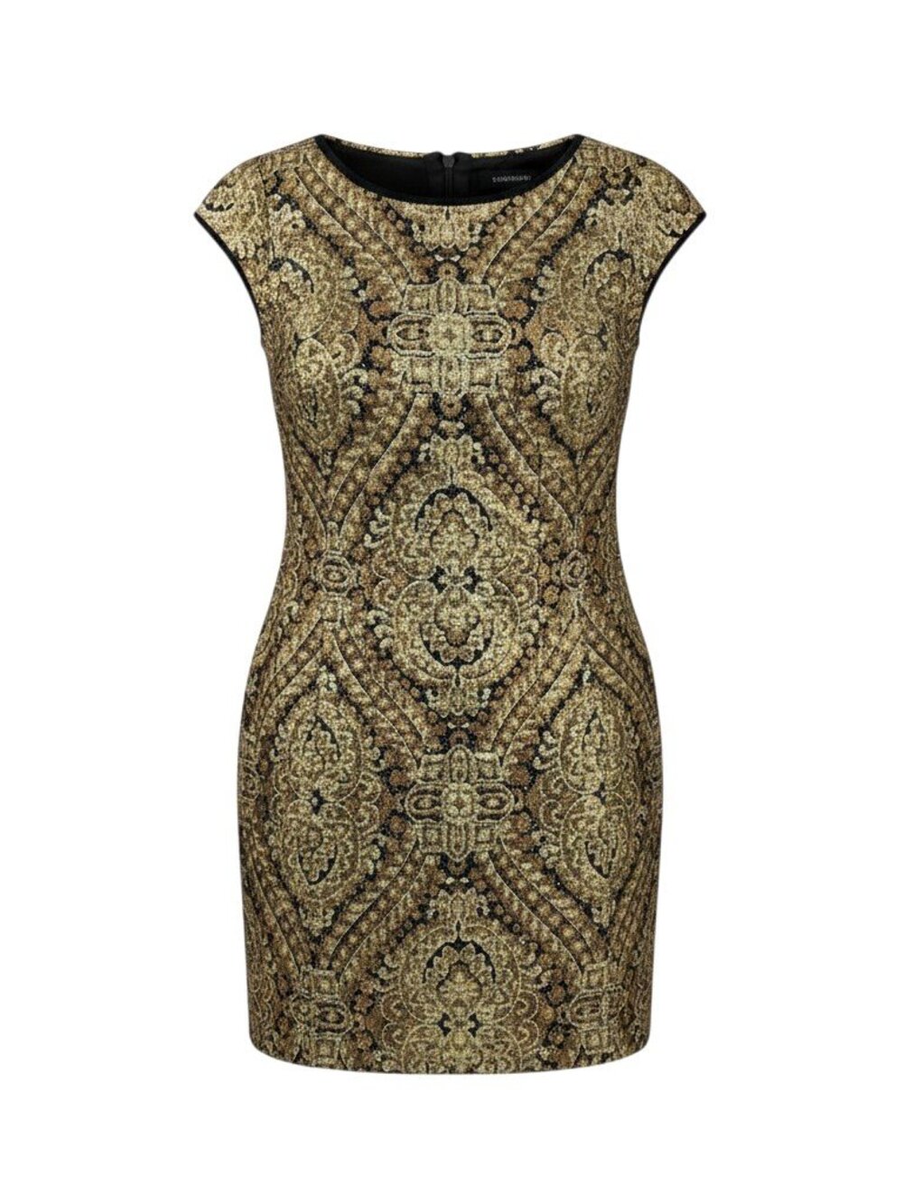 Nanette Lepore Gold Sequin Dress Size 4 Mini Shift Damask Paisley Cap Sleeve EUC